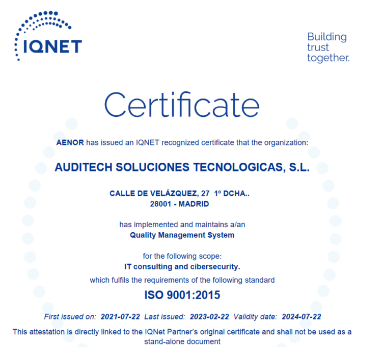 Auditech renueva su certificado ISO 9001