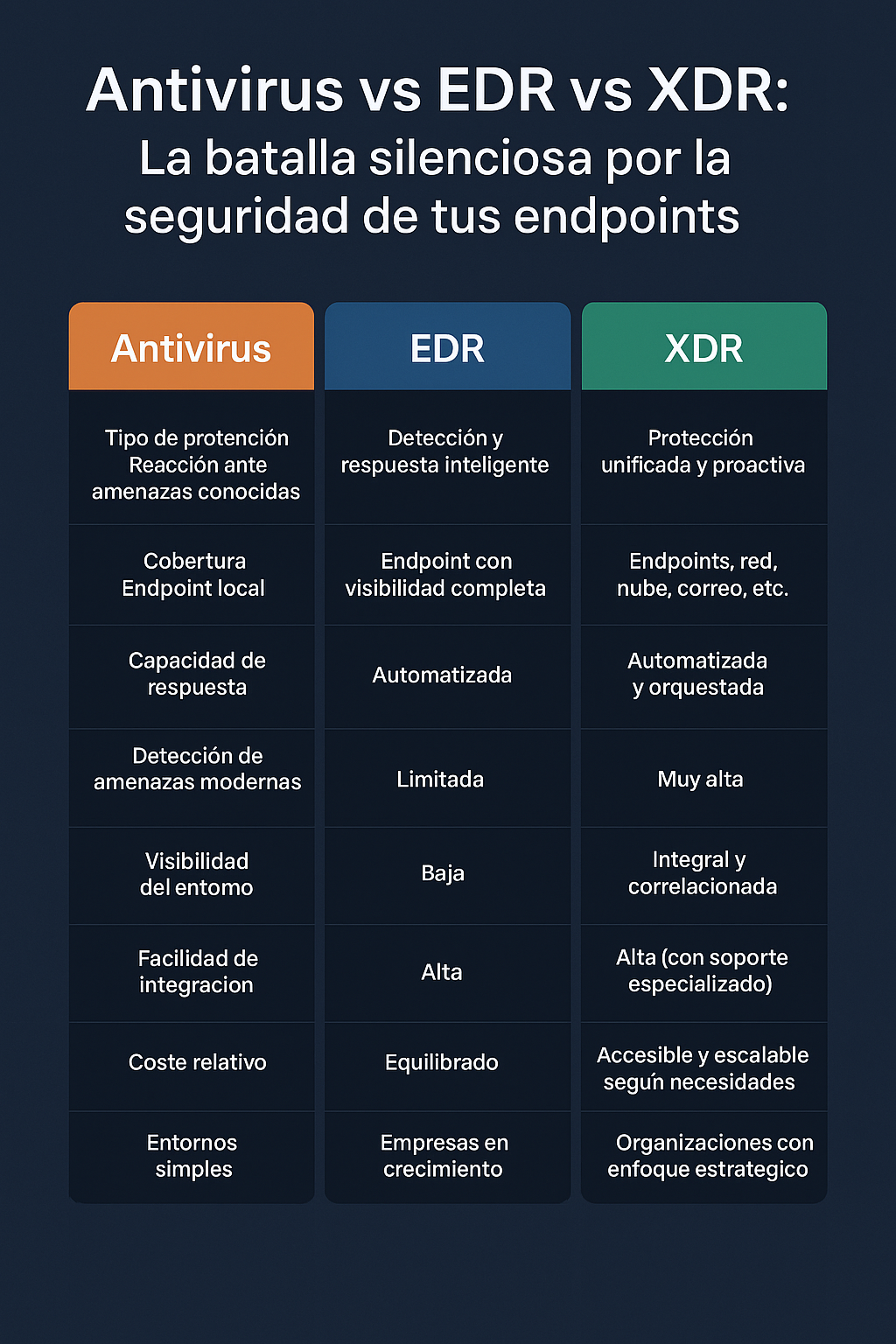 Comparativa visual entre Antivirus, EDR y XDR en español. Se destacan sus diferencias en protección, cobertura, capacidad de respuesta, detección de amenazas modernas, visibilidad, facilidad de integración, coste relativo e idoneidad para distintos entornos empresariales.